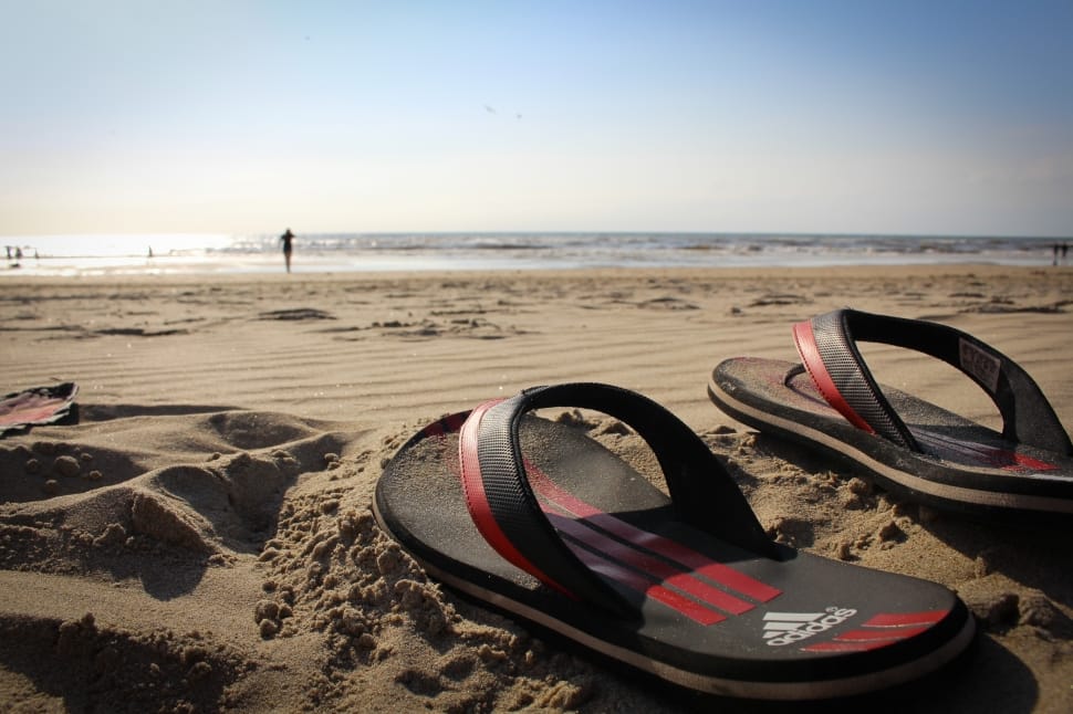 black and red adidas flip flops preview