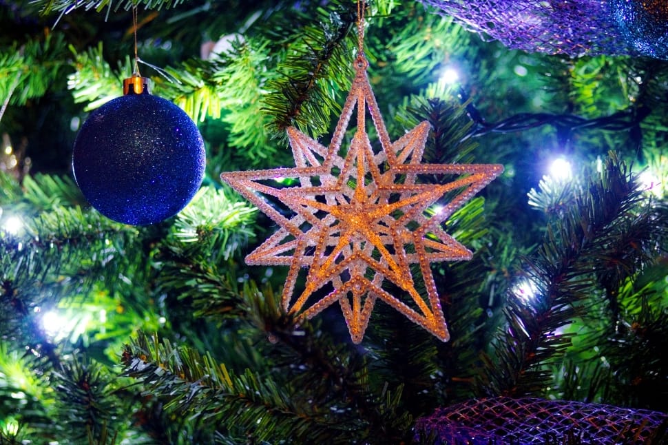 brown star christmas ornament with blue christams bauble preview