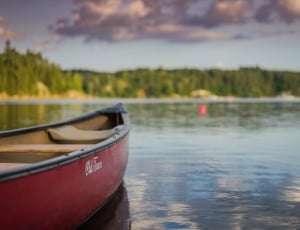 red boat on lake near trees during daytime thumbnail
