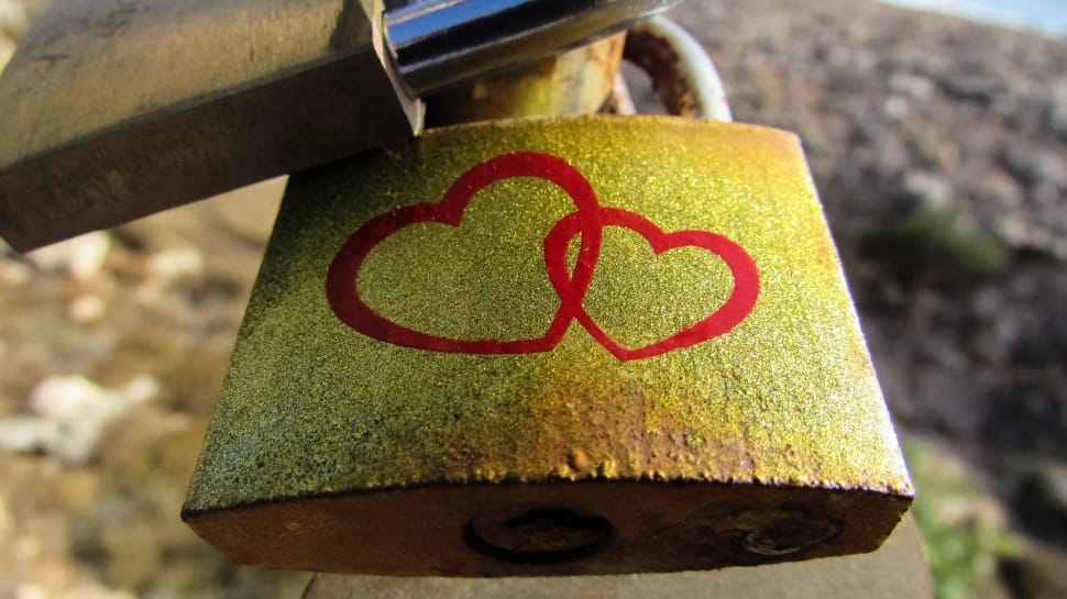 2 brass and gray steel pad locks with 2 heart collide print preview