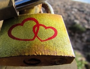 2 brass and gray steel pad locks with 2 heart collide print thumbnail
