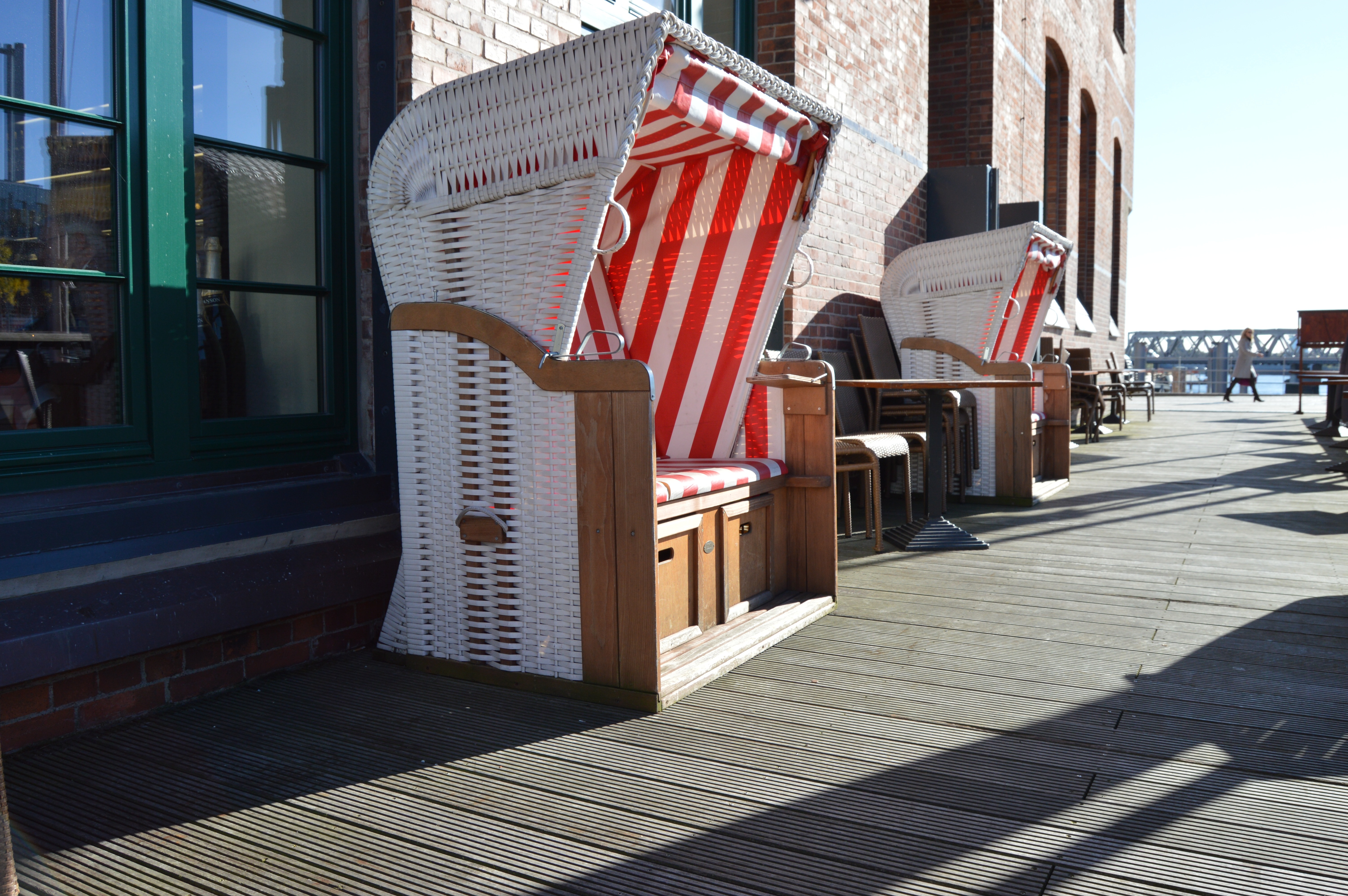 white and red stripe wooden framed stall
