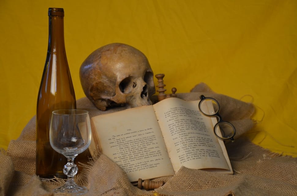 wine bottle and glass with book and skull preview