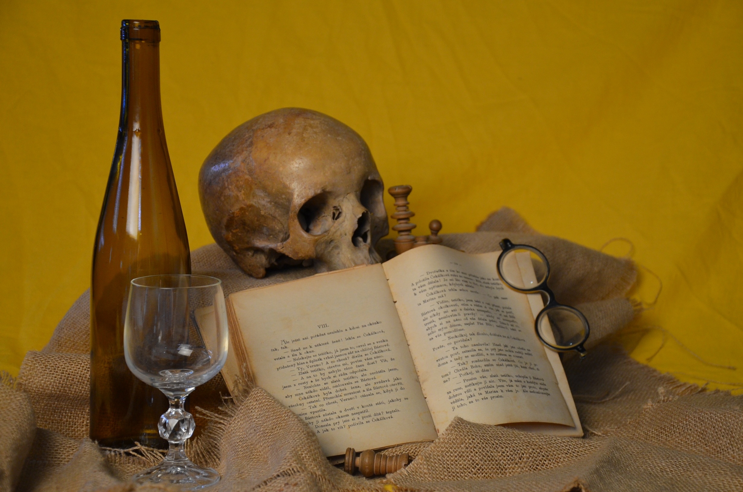 wine bottle and glass with book and skull