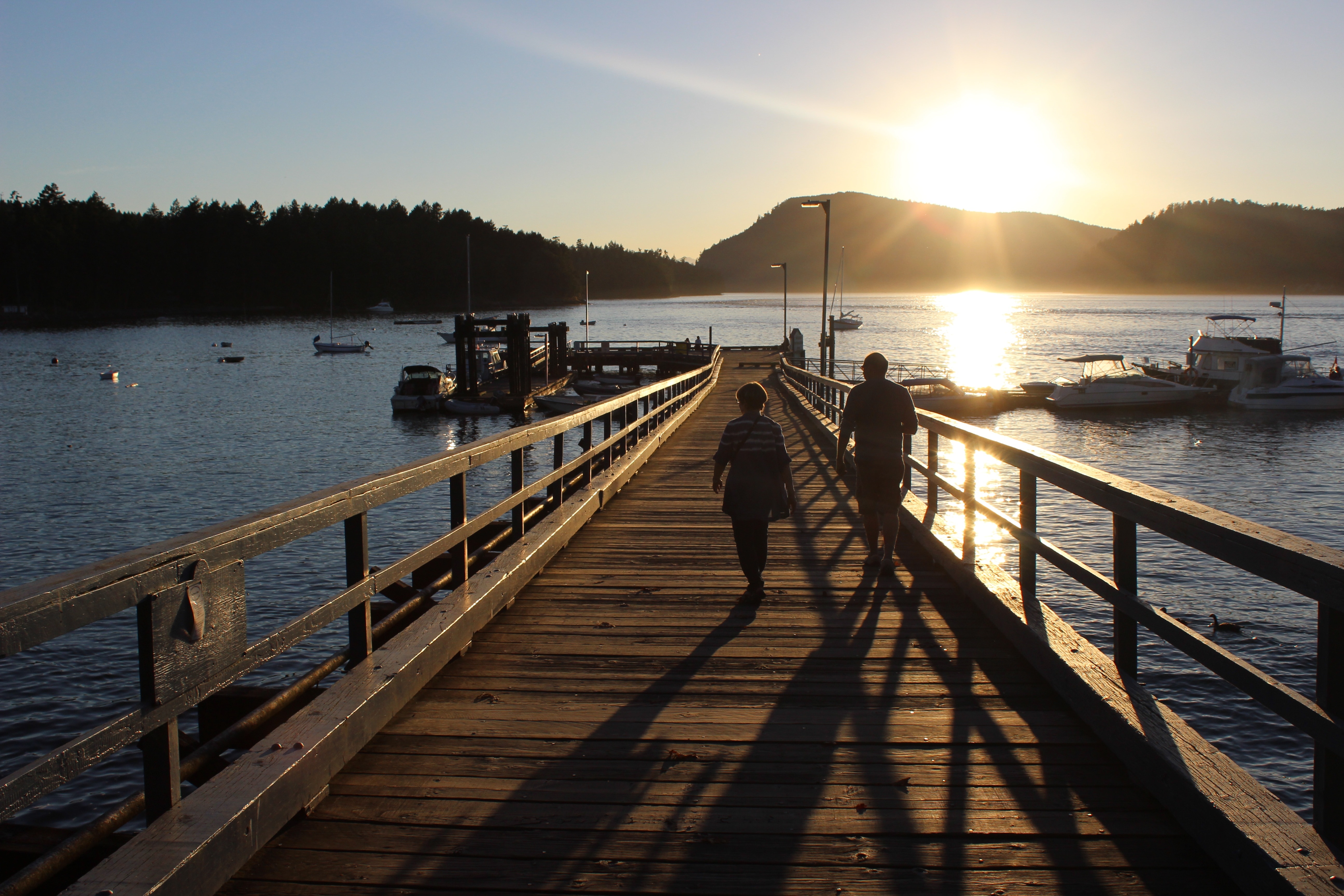 silhouette photo of 2 person walking on dock