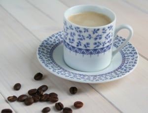 white and blue ceramic teacup and saucer thumbnail