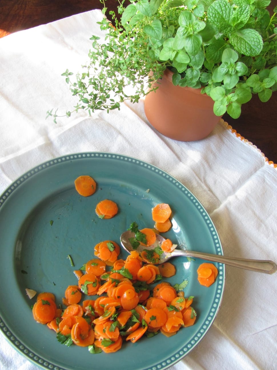 sliced carrots served on blue ceramic round plate preview