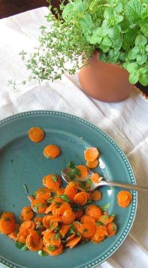 sliced carrots served on blue ceramic round plate thumbnail