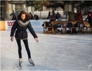women's black jacket, black pants and ice skates outfit thumbnail