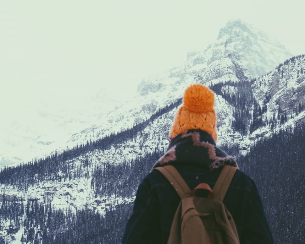 photo of person wearing orange knit hat facing through mountain filled with pine trees preview