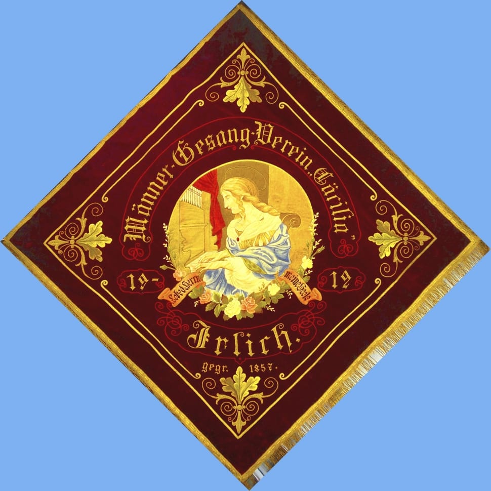 tapestry gold red with center illustration of person preview