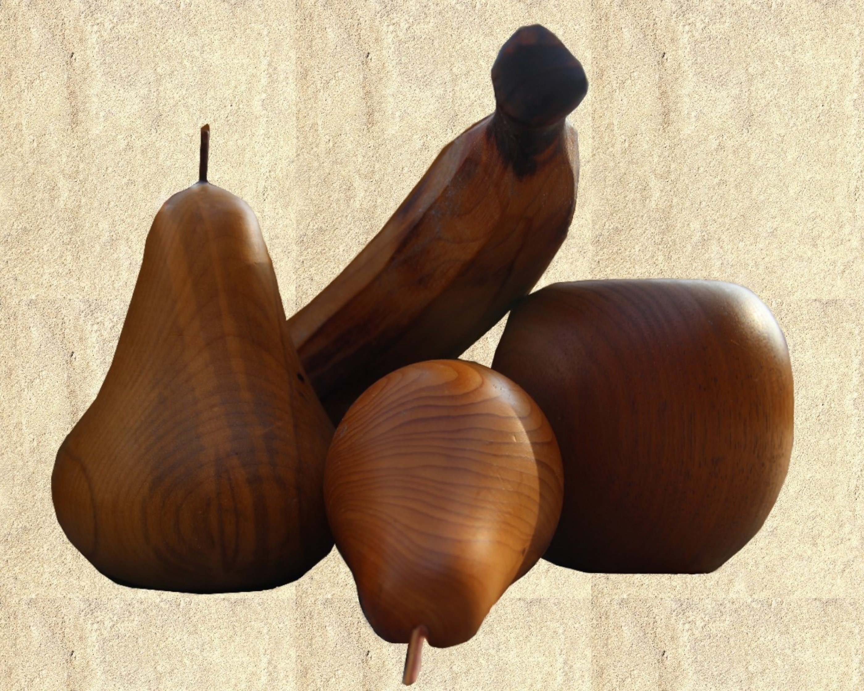 brown wood fruit sculptures