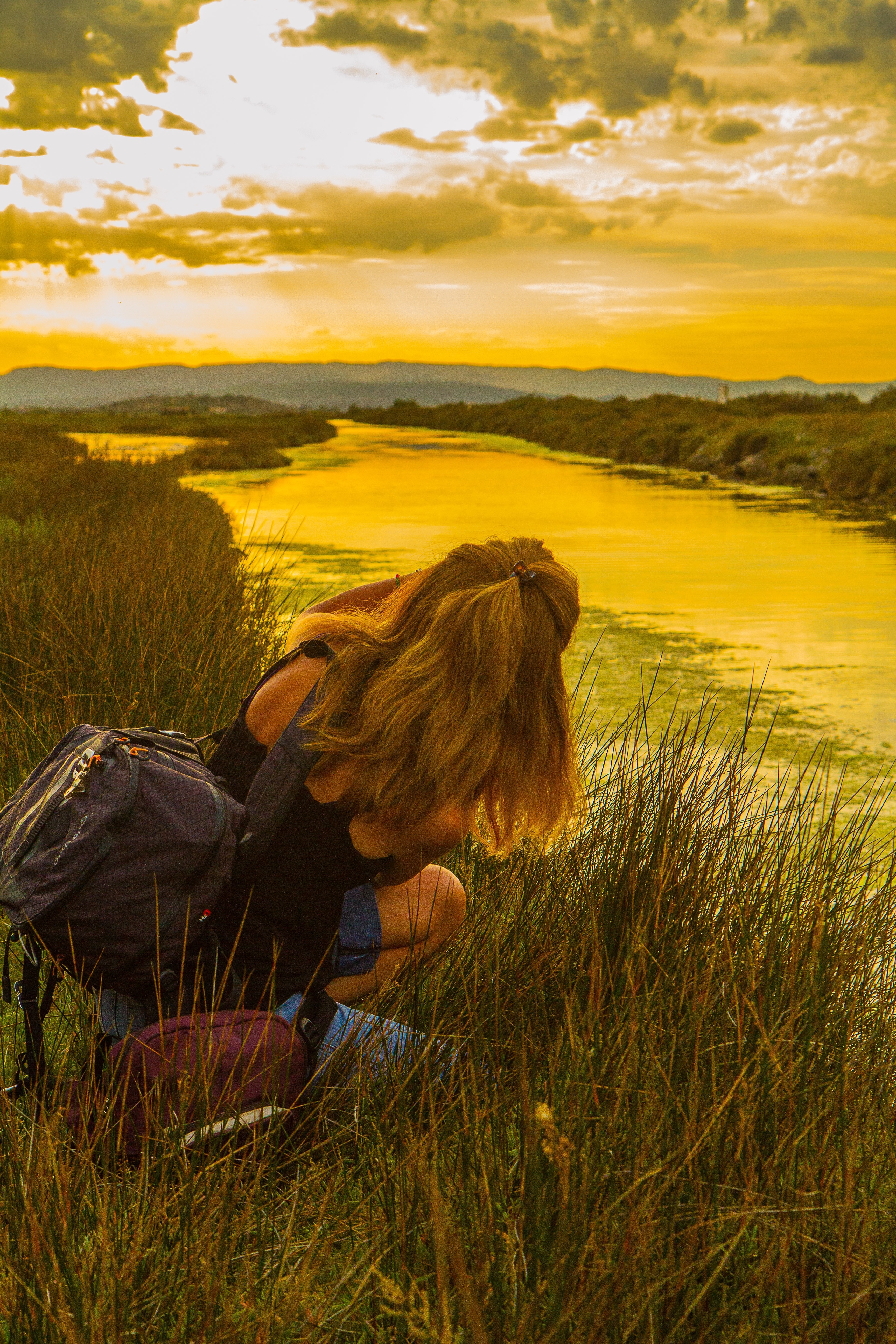 Pond, Girl, Photographer, sunset, nature
