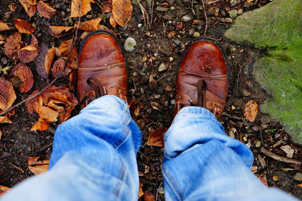 brown leather dress shoes and blue denim jeans preview