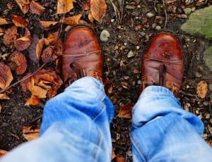 brown leather dress shoes and blue denim jeans thumbnail