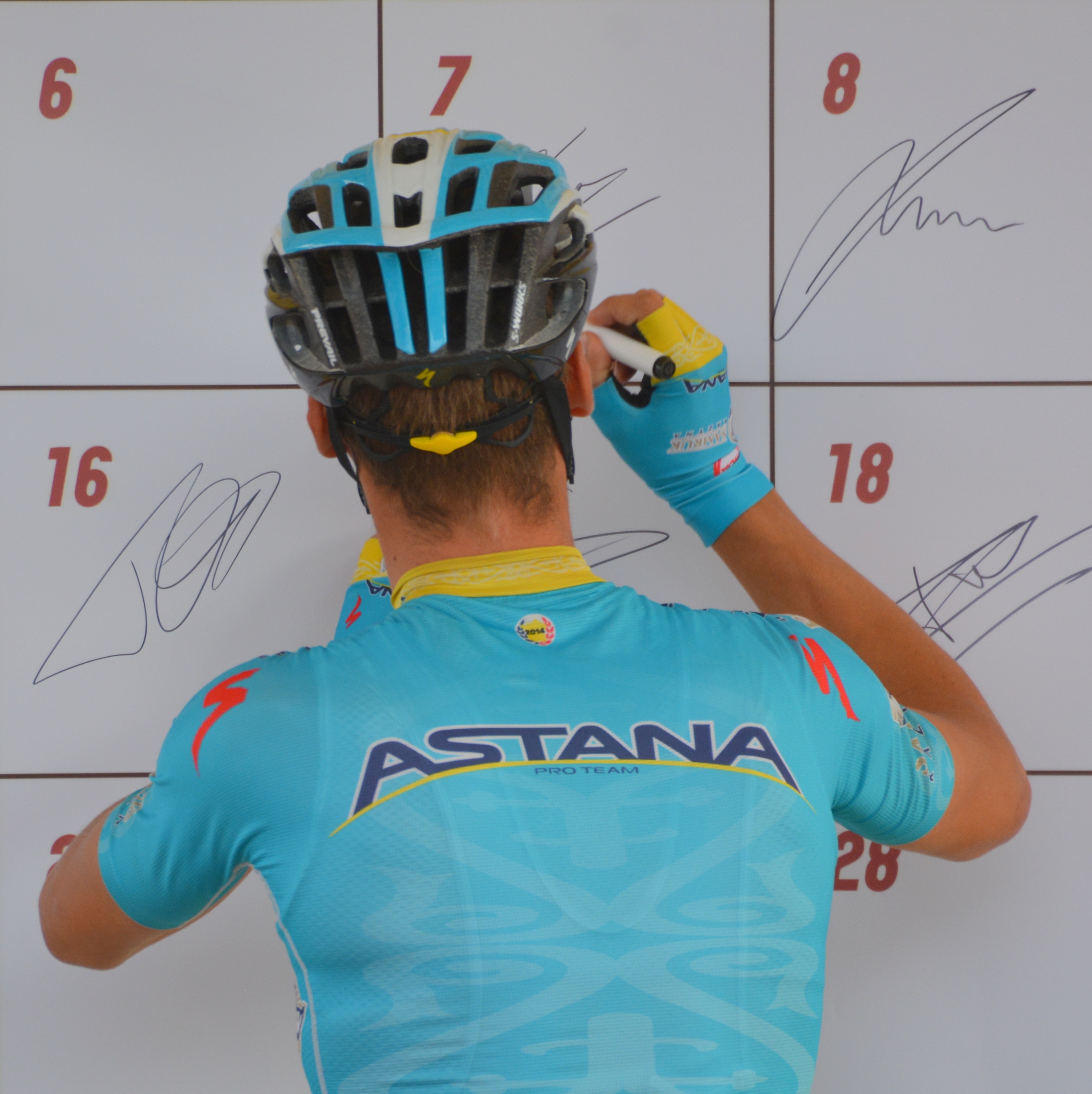man's teal and yellow astana bicycle suit