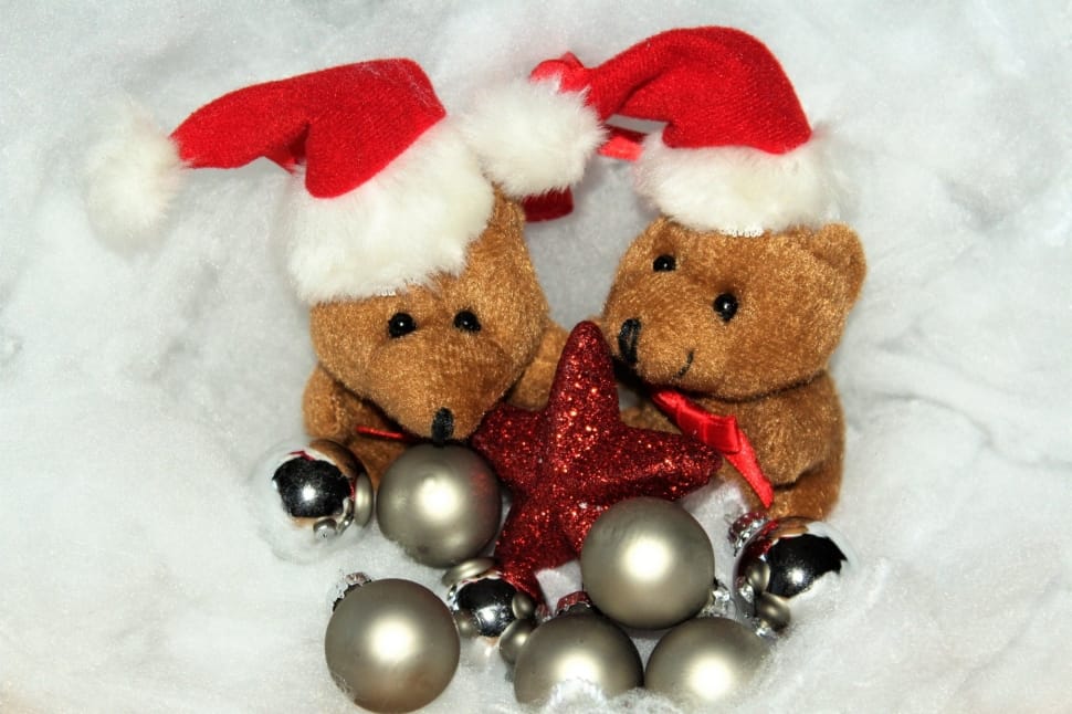 2 red brown and white teddy bear plush toy and gray christmas bauble lot preview