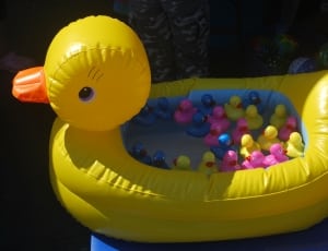 yellow duck inflatable pool with assorted rubber duckies thumbnail