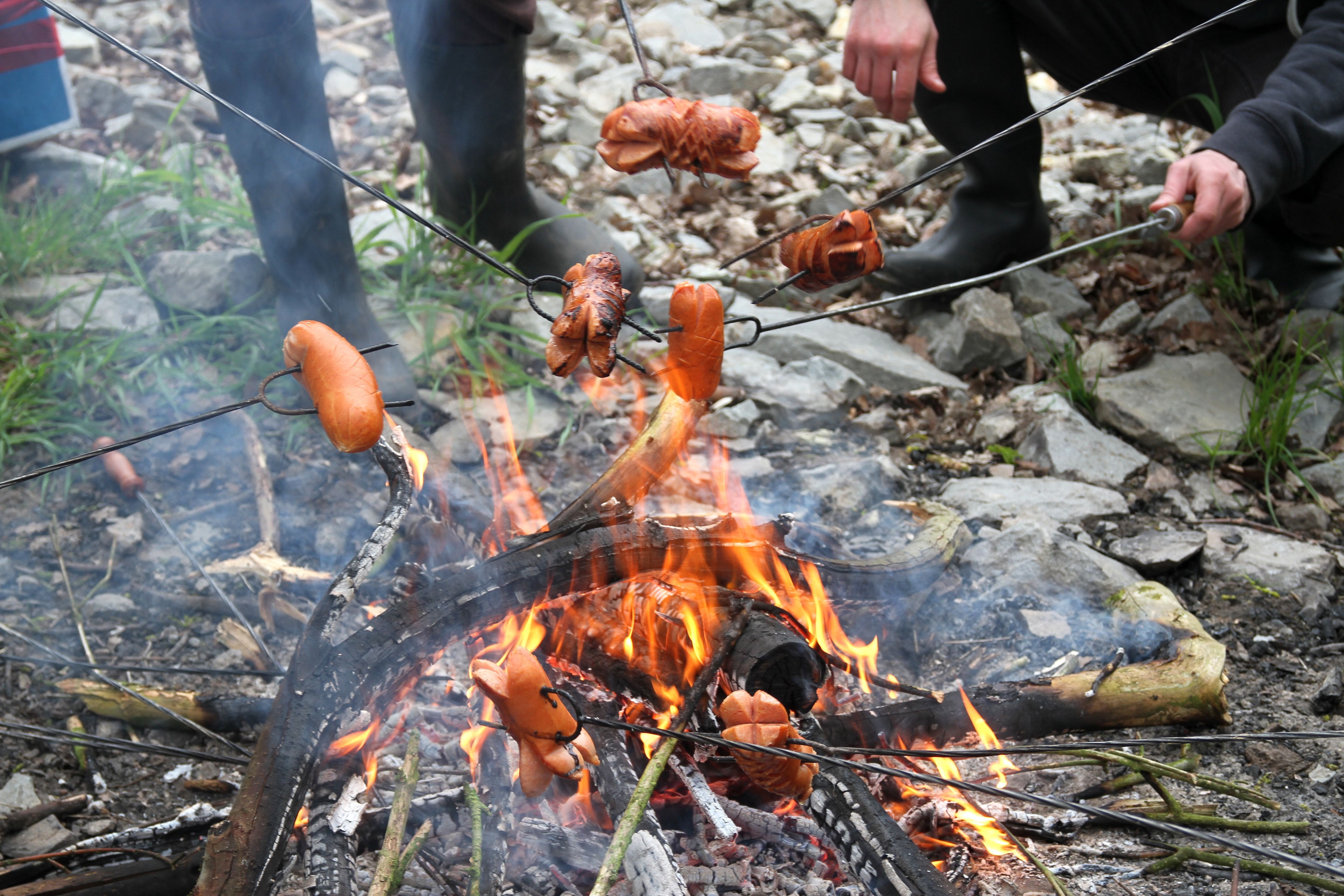 people roasting food on gray metal rods photo