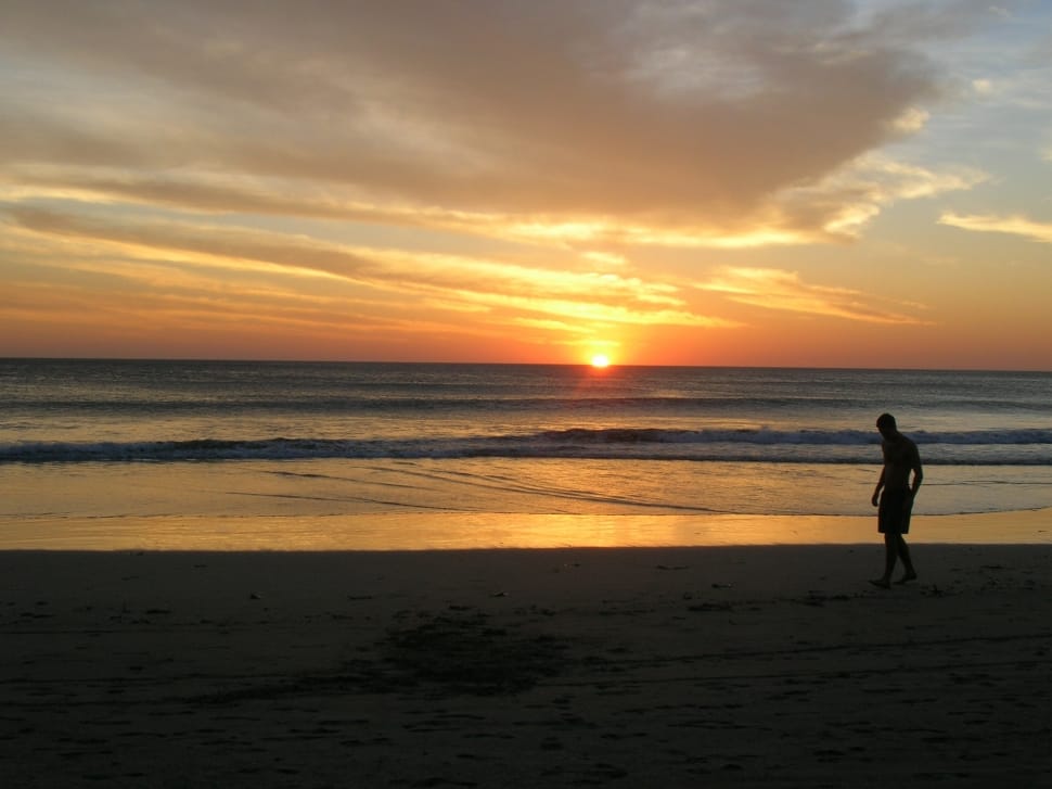 silhouette of man walking on seashore during sunset preview