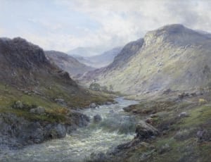 green coated hills and river painting thumbnail
