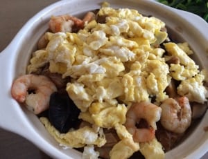 cooked shrimp and egg on white ceramic container thumbnail
