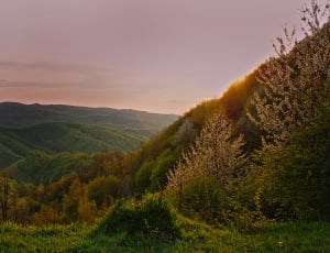 green grass near mountain formation during sunset thumbnail