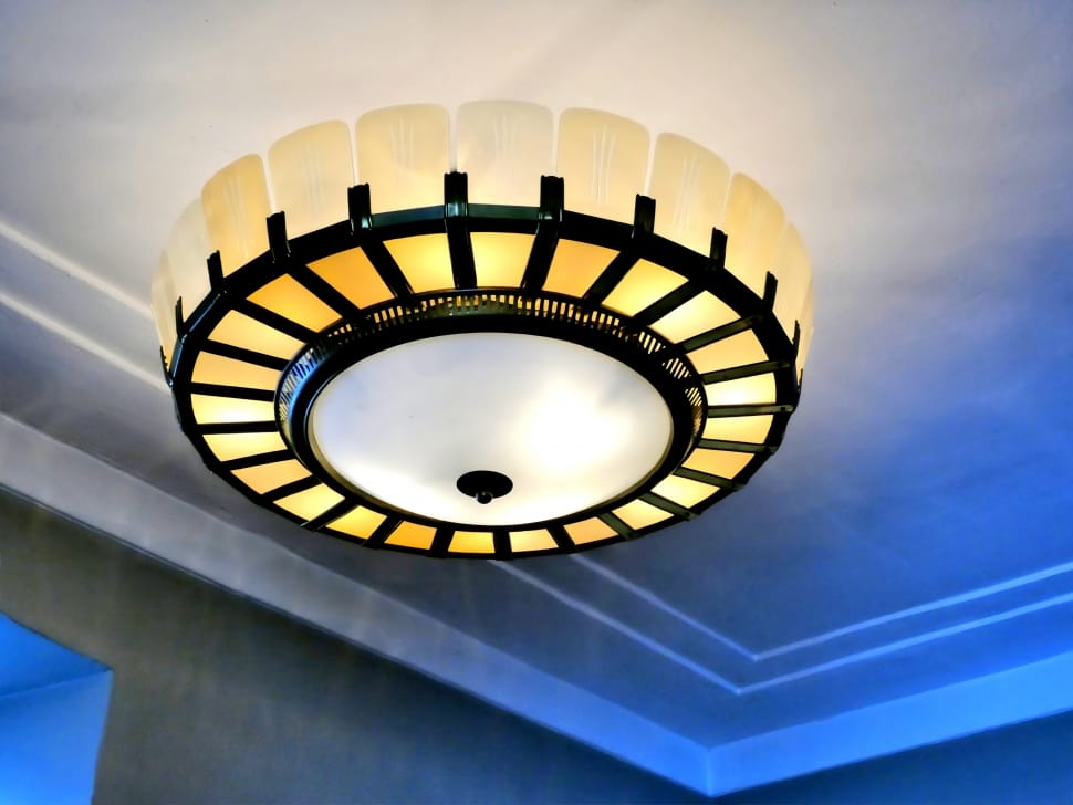 black steel frame yellow shade ceiling light preview