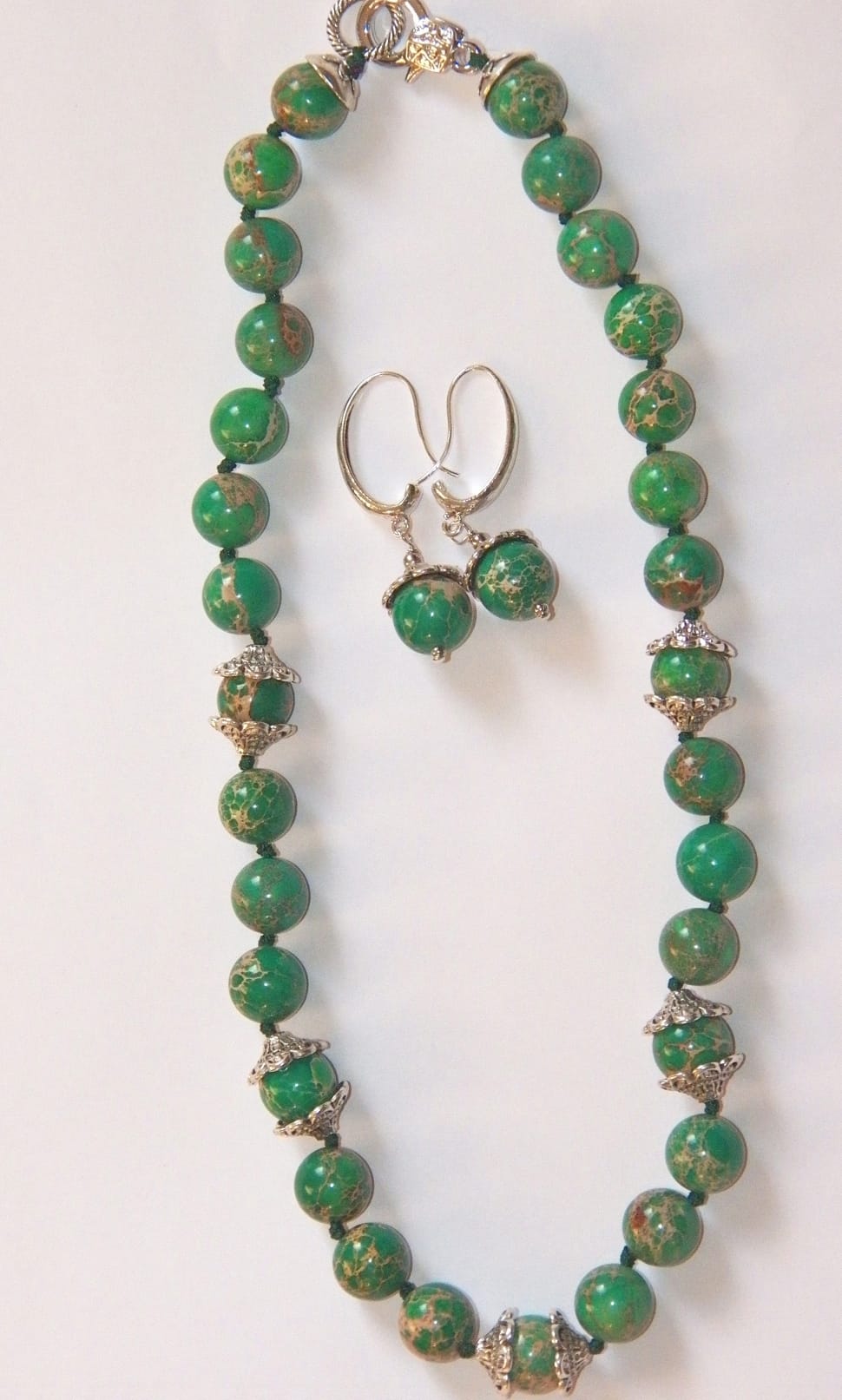 silver and green beaded necklace and hook earrings preview