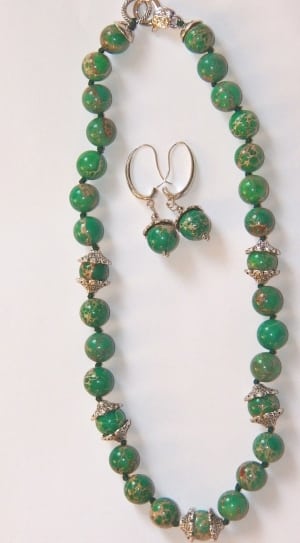silver and green beaded necklace and hook earrings thumbnail