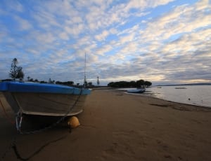 brown wooden boat on the shoreline thumbnail