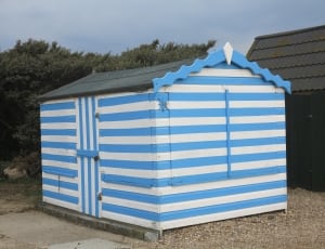 white and blue wooden shed thumbnail