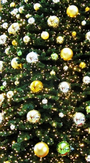 green christmas tree with baubles and christmas lights thumbnail