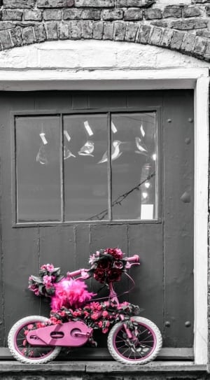 pink bicycle with flowers decor beside on black wooden wall thumbnail