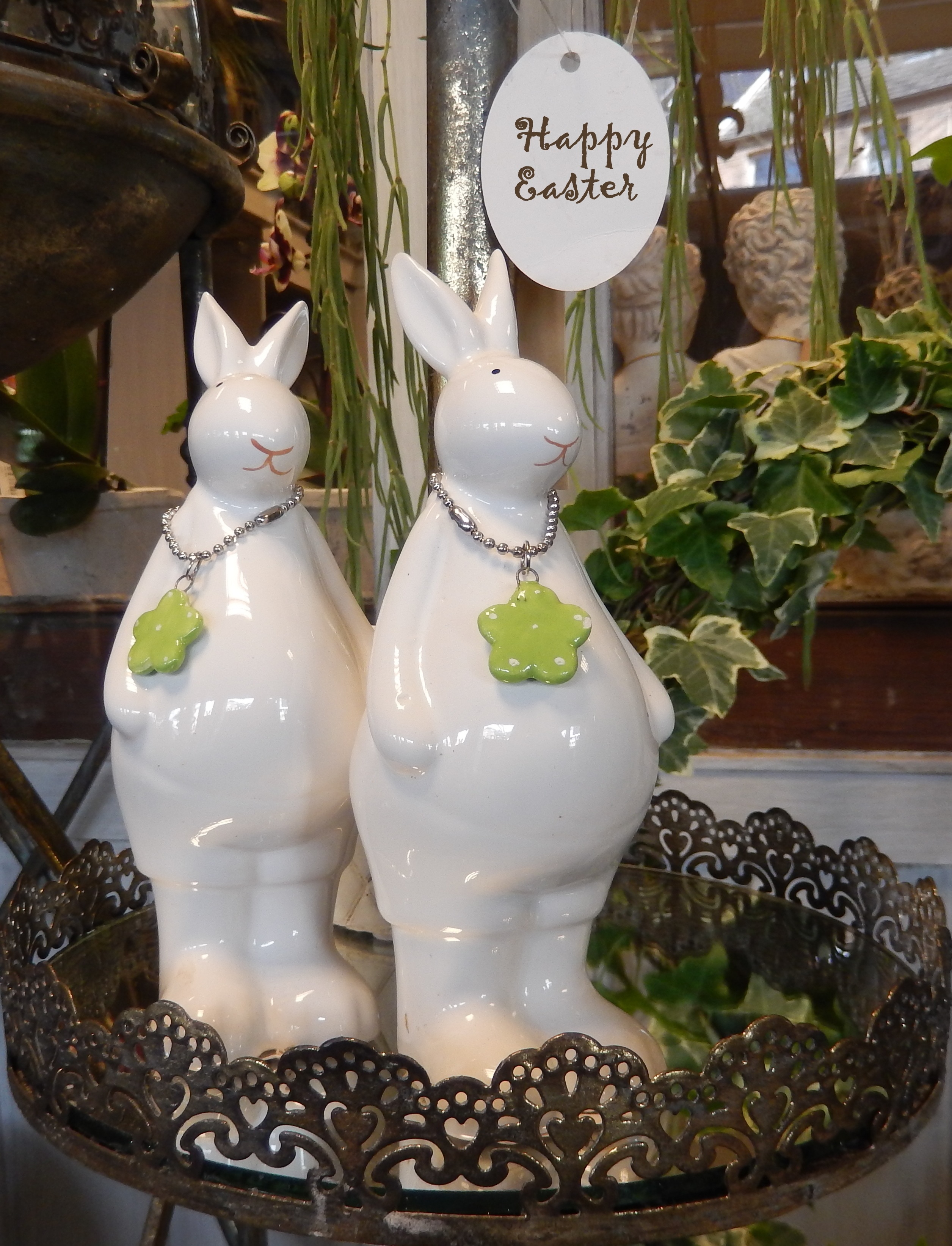 2 white rabbit ceramic figurines