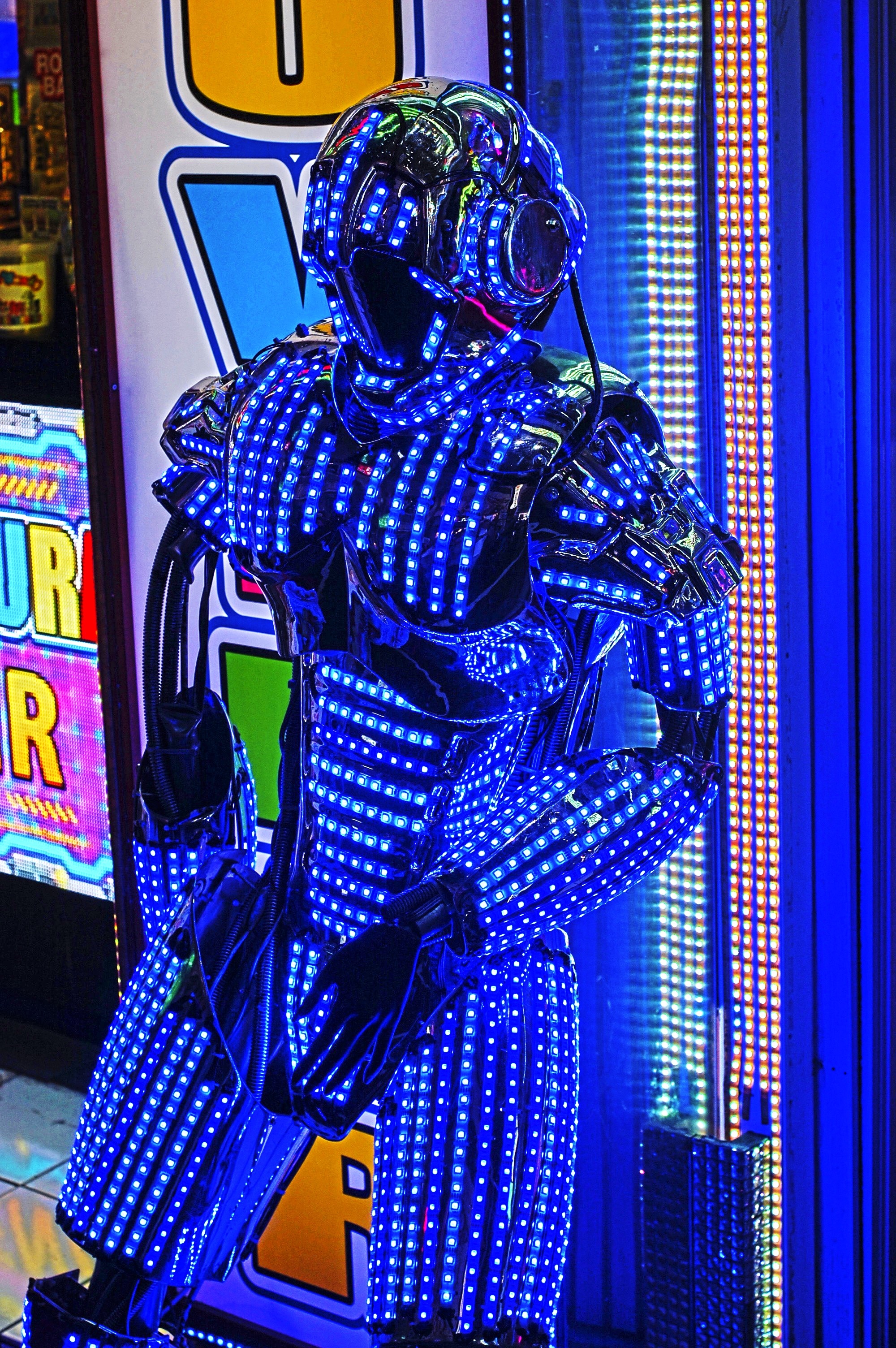 blue led lighted male robot statuette