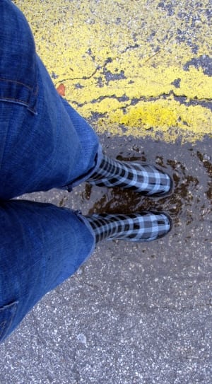 pair of gray and black checkered rain boots thumbnail