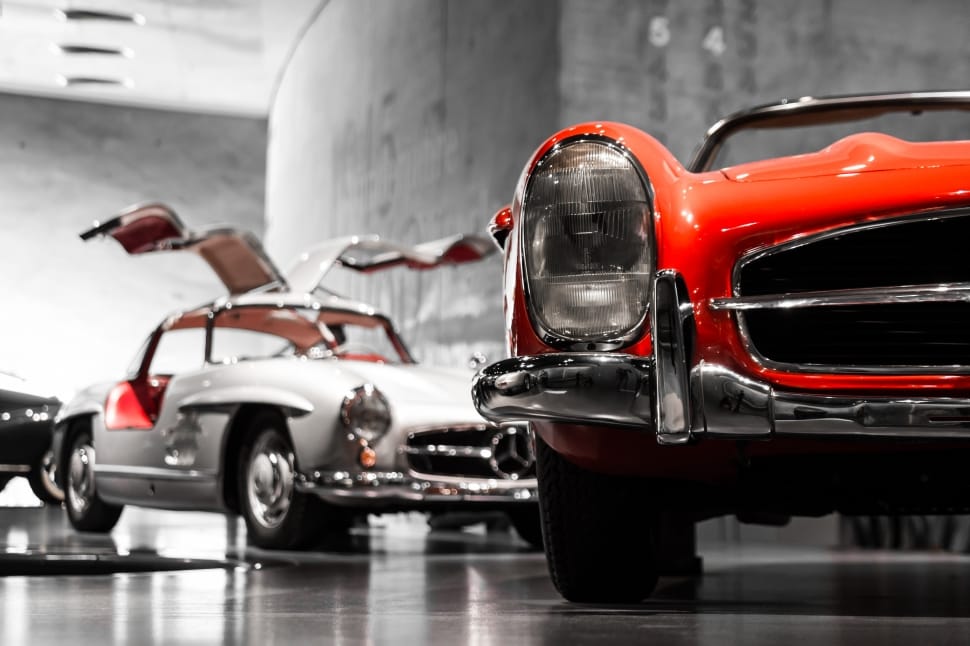 red mercedes benz classic coupe inside museum preview