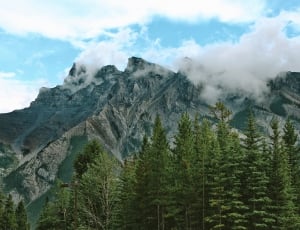 gray mountain behind green trees under white clouds and blue sky at daytime thumbnail