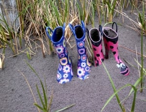 two pair of rainboots on sand surrounded by grasses thumbnail