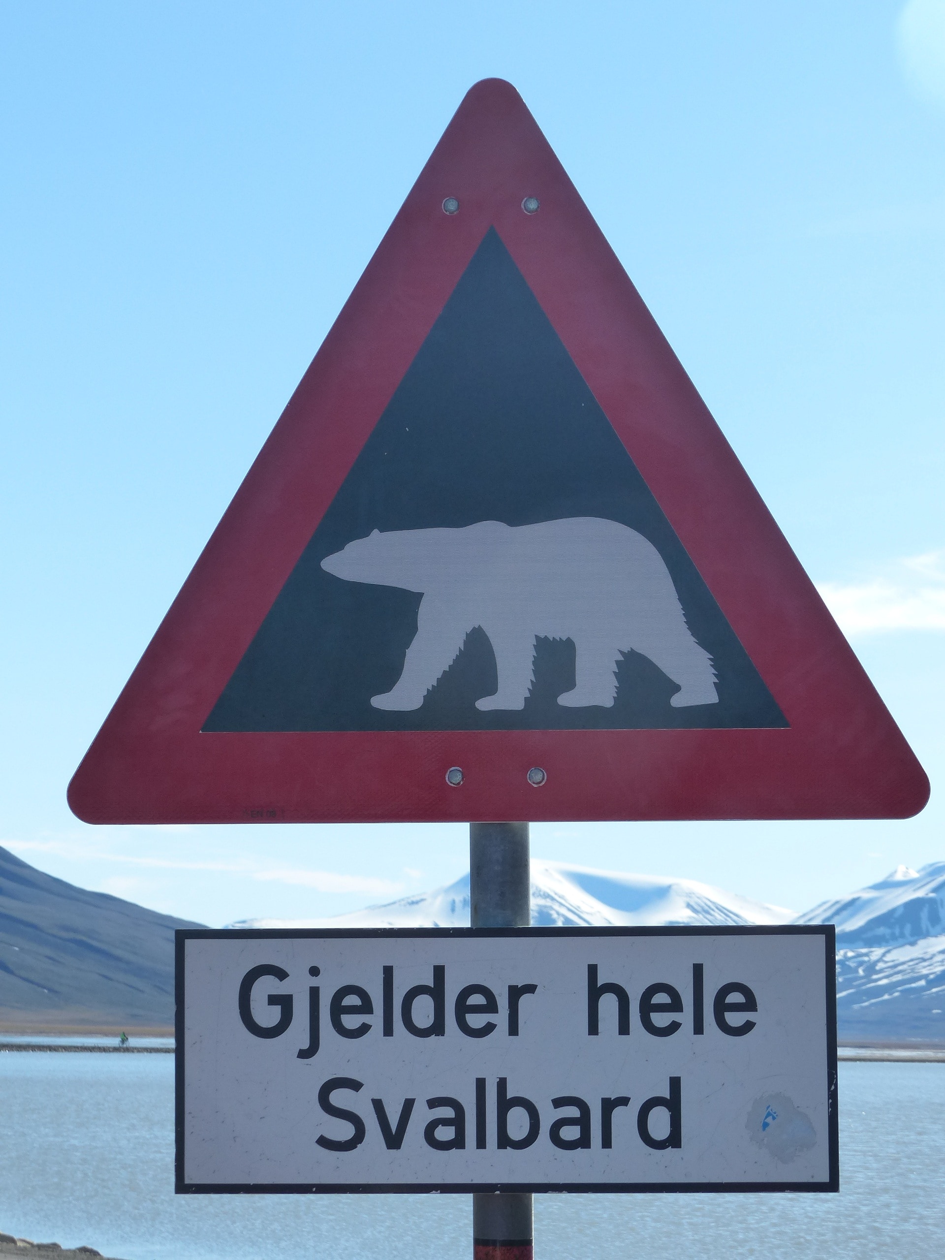 red black and white bear danger sign pole
