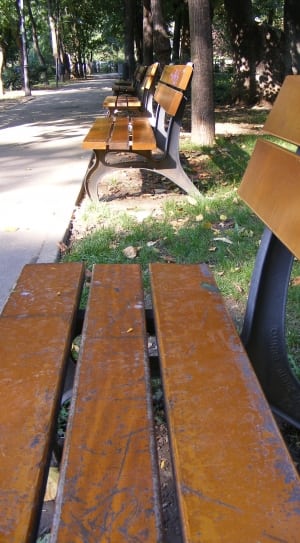 3 grey metal framed brown wooden benches thumbnail