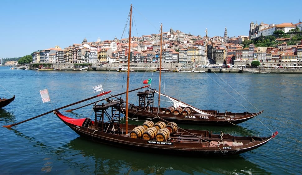 two brown wooden boat near buildings during day time preview