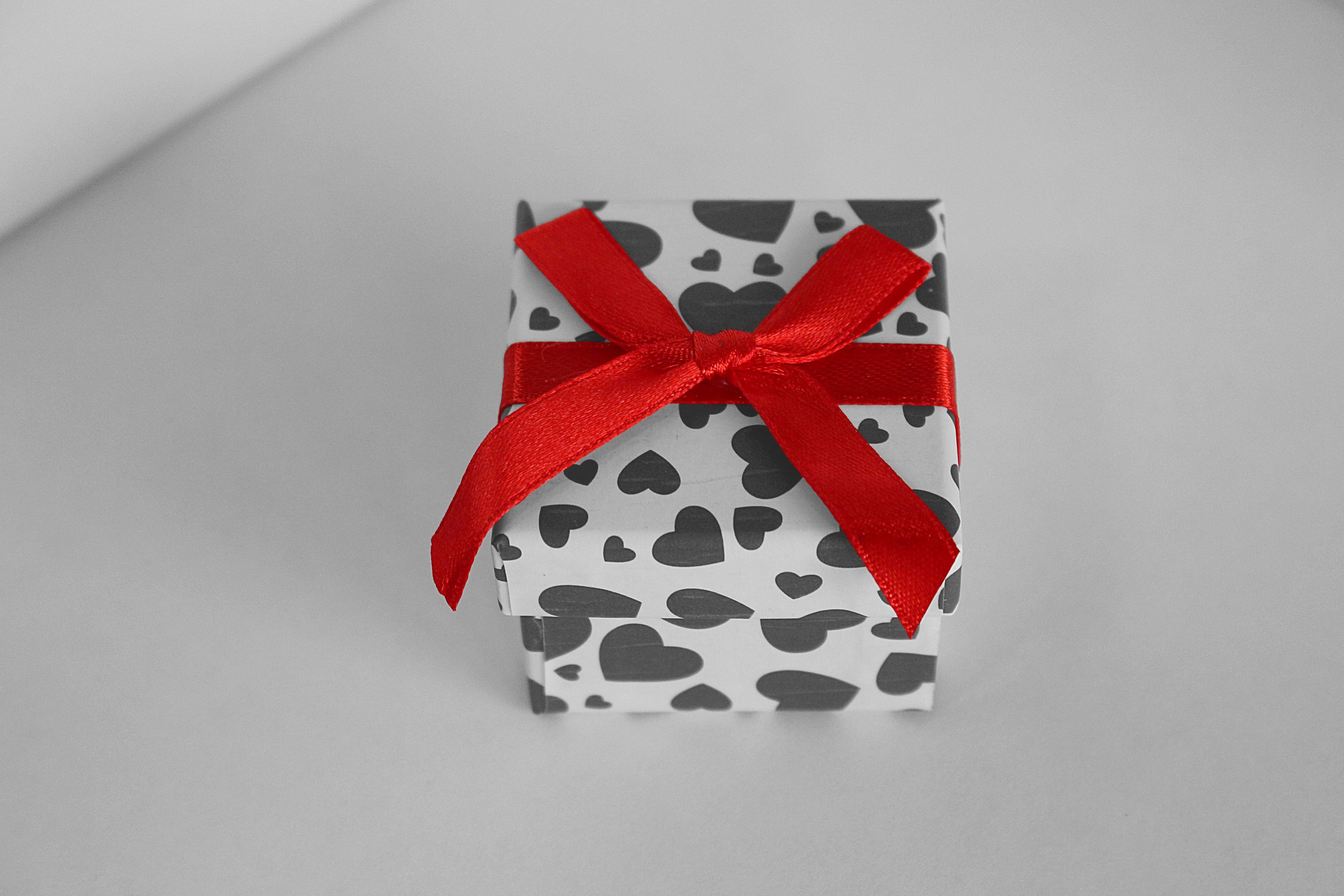 white and black polka heart gift box