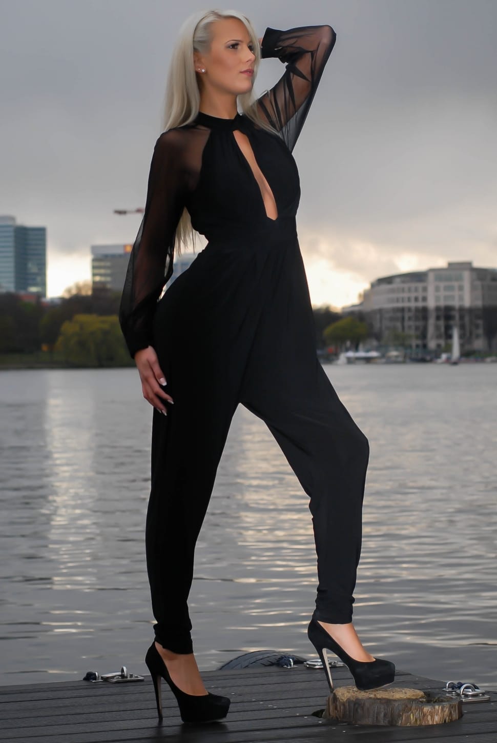 women's black illusion sleeve jumpsuit preview