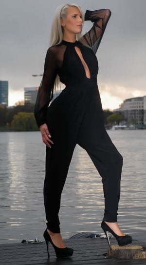 women's black illusion sleeve jumpsuit thumbnail