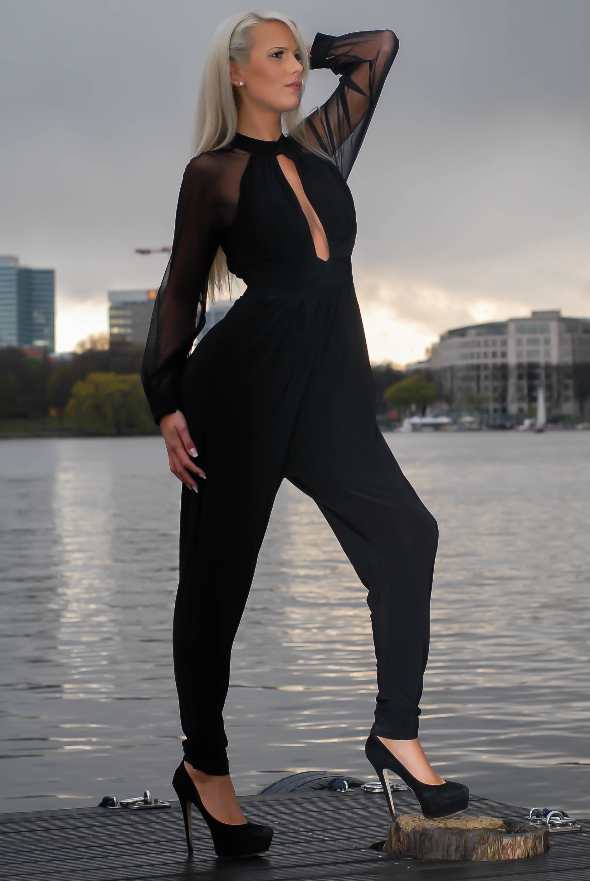 women's black illusion sleeve jumpsuit