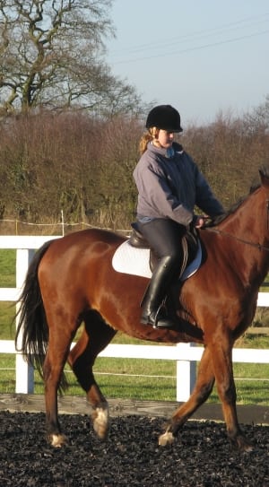 women's gray jacket and black boots; brown horse thumbnail