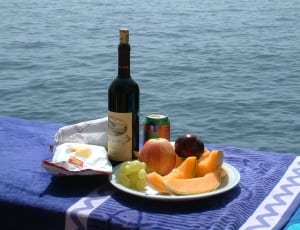 beige labelled wine bottle beside green can, white plastic pack and round white plastic plate with assorted fruits placed on blue and white textile near body of water during daytime thumbnail
