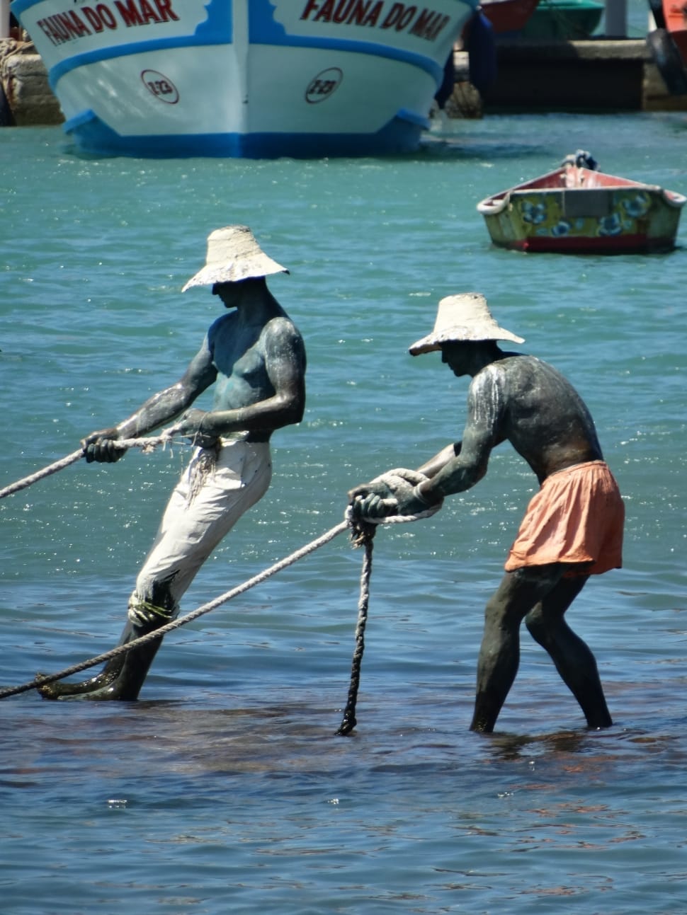 two men pulling a rope near the shore preview